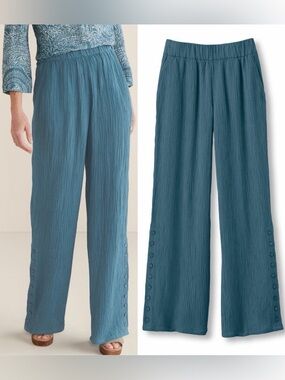 Soft Surroundings Oceo Crinkle Gauze Wide-Leg Pants blue beach comfort large